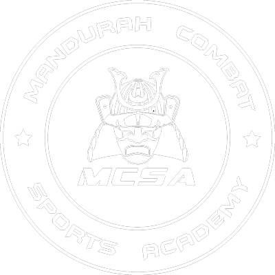 Mandurah Combat Sports Academy logo, reverse in white